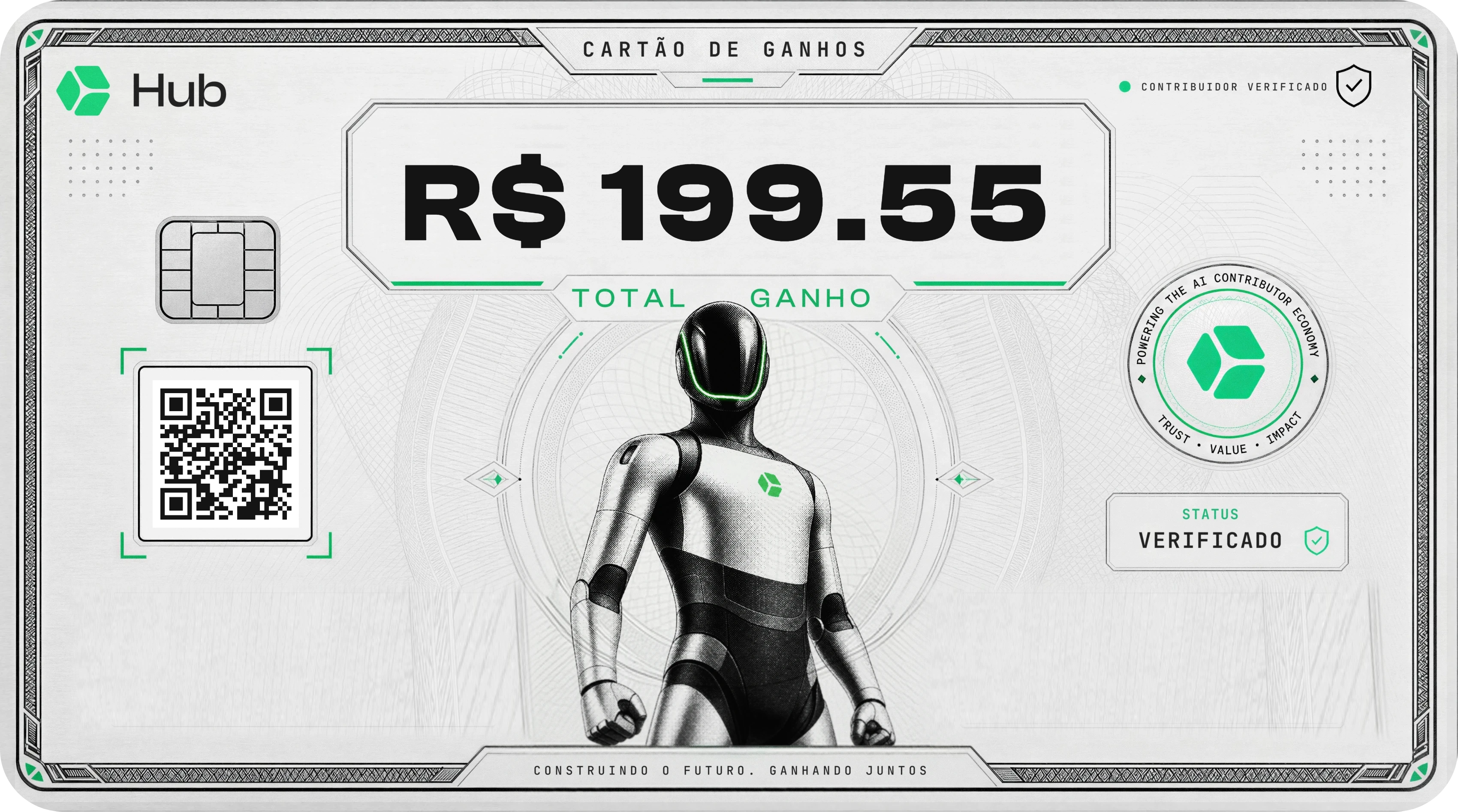 Cartão de ganhos mostrando o total recebido gravando tarefas pela Hub.xyz