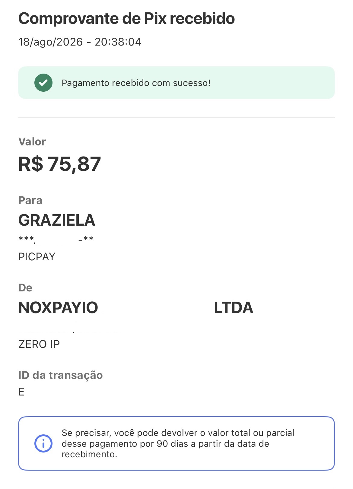 Print do segundo saque recebido pela Hub.xyz