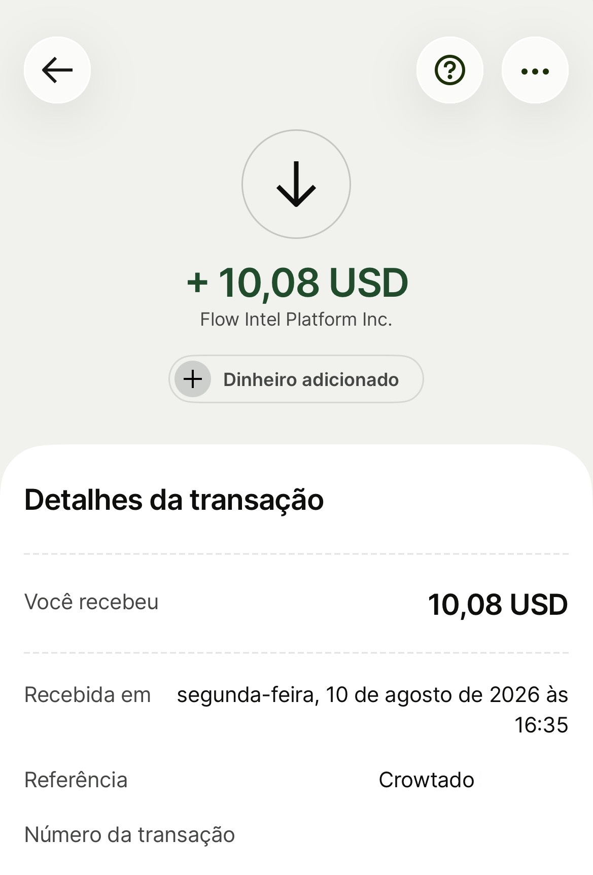 Print de pagamento recebido pela Crowtado
