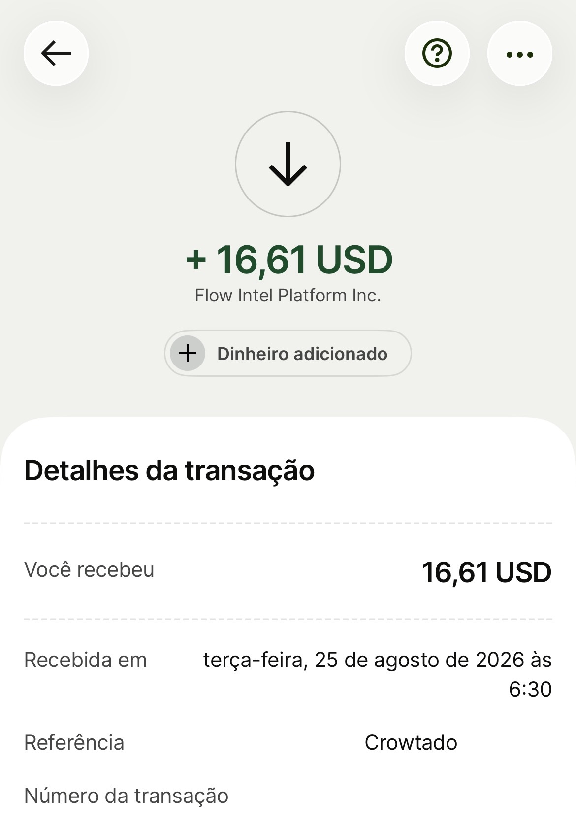 Print de pagamento recebido pela Crowtado