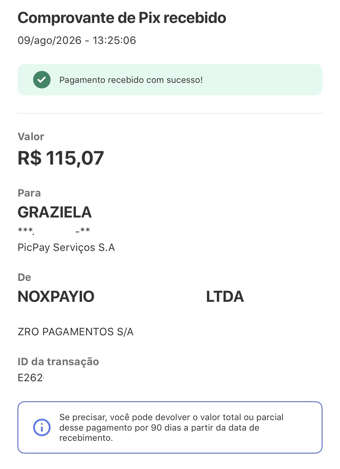 Print de pagamento recebido pela Hub.xyz